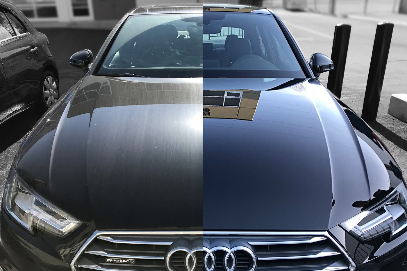 Split before-and-after photo showing a dull hood next to a corrected, glossy finish